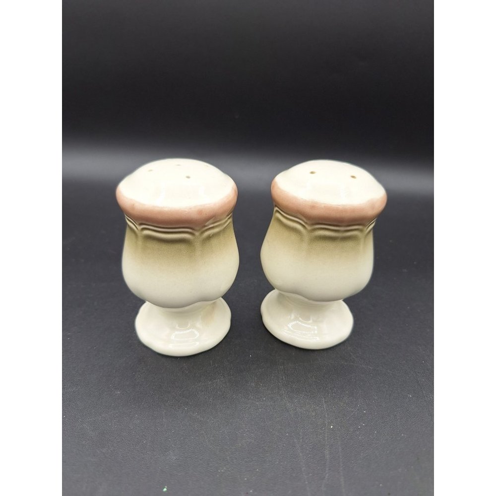 VINTAGE MIKASA JAPAN COUNTRY ESTATE D8800 PINK BROWN GREEN FOOTED SALT AND PEPPE